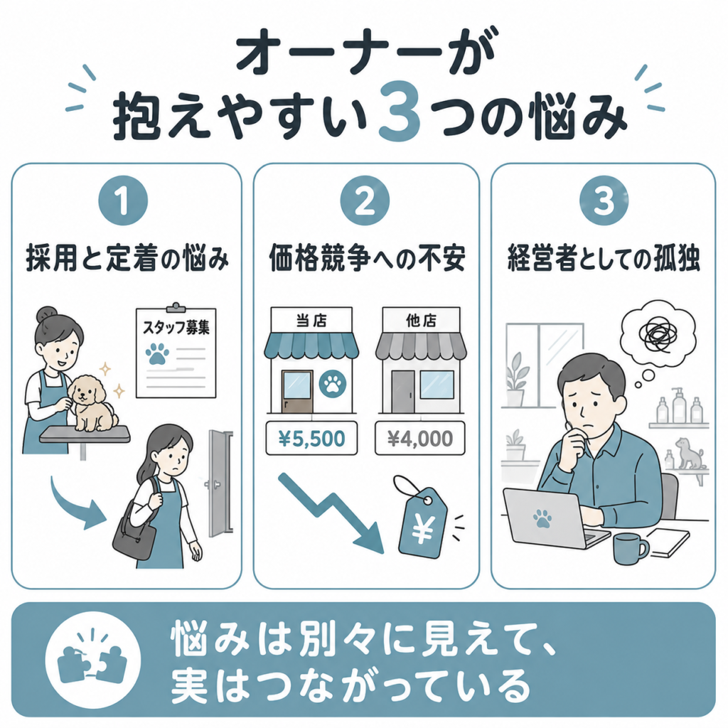 ペットサロンオーナーが抱えやすい採用・価格競争・経営者の孤独の悩みを表した図解
