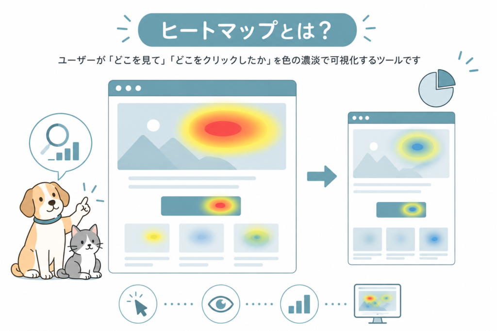ヒートマップとは？ユーザーのクリックや注目エリアを色で可視化するイメージ図