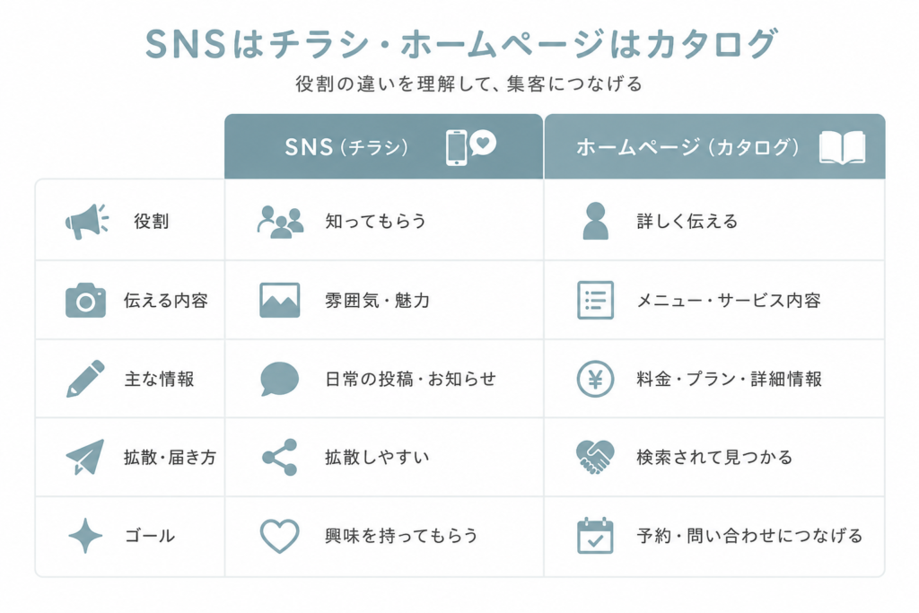 SNSはチラシ、ホームページはカタログの役割比較図