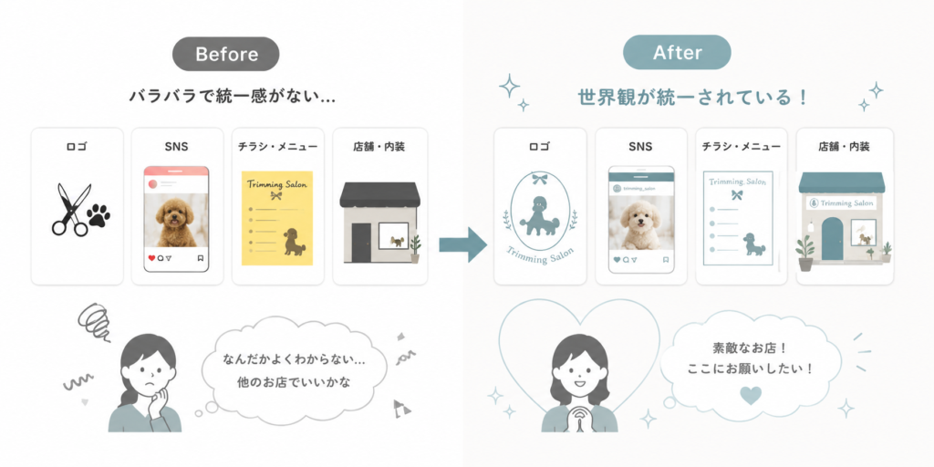 世界観がバラバラな店舗と統一された店舗の比較