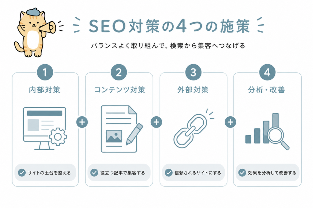 SEO対策の4つの施策内容を表した構造図