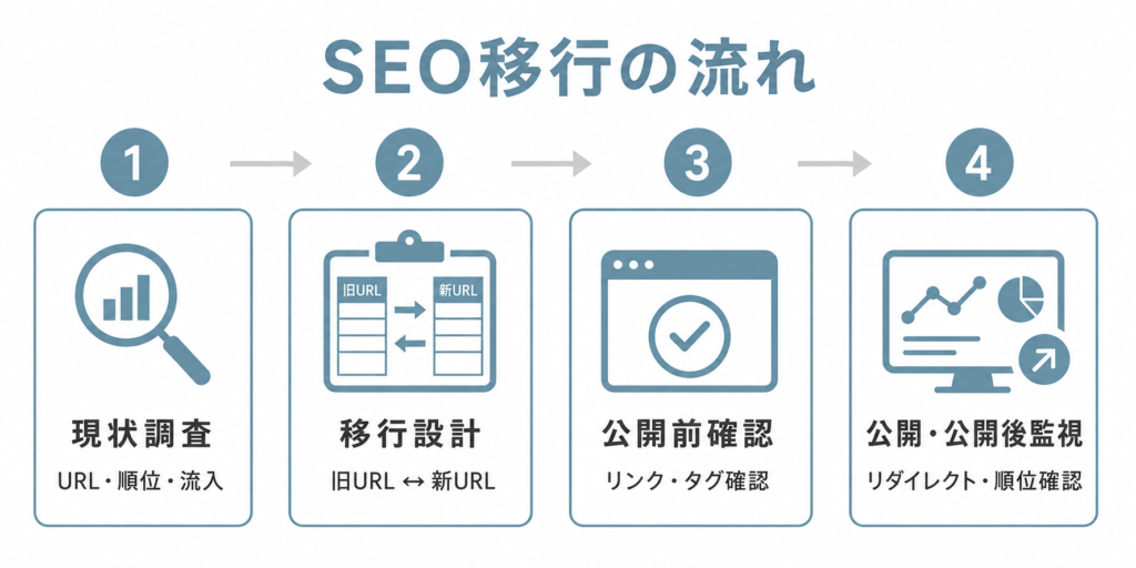 サイトリニューアル前から公開後までのSEO移行の流れ
