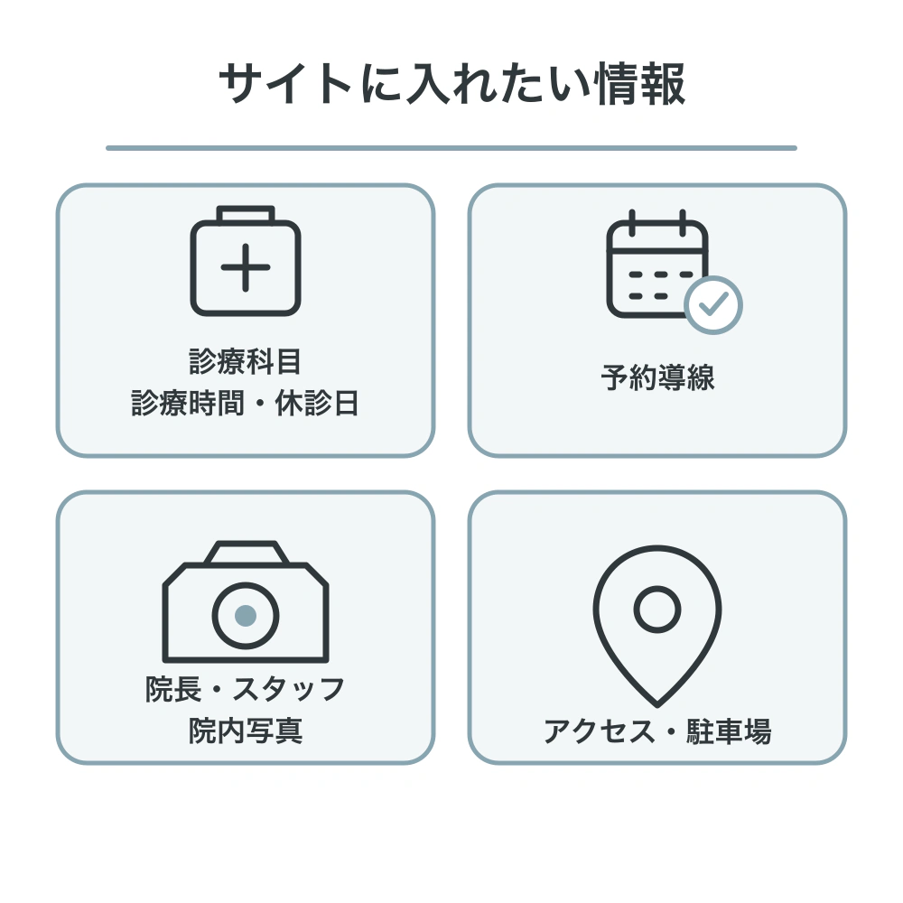 動物病院のホームページに入れたい診療科目・診療時間・休診日、予約導線、院長・スタッフ・院内写真、アクセス・駐車場の4項目のチェックリスト