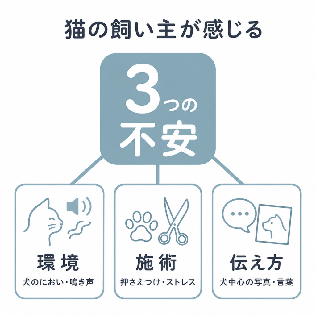 猫の飼い主がトリミングサロンに感じる3つの不安を示した図