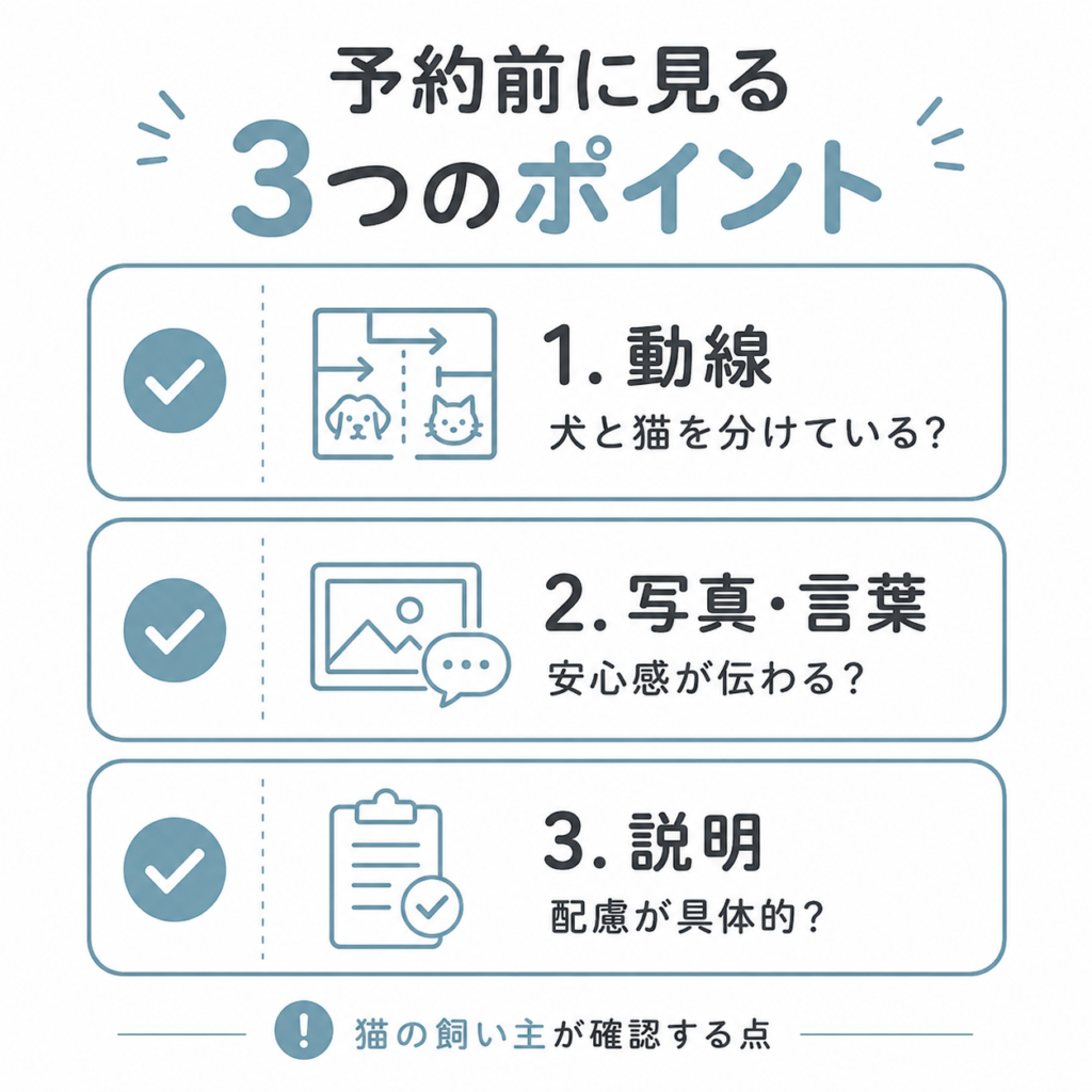 猫の飼い主が予約前に確認する3つのポイントをまとめた図