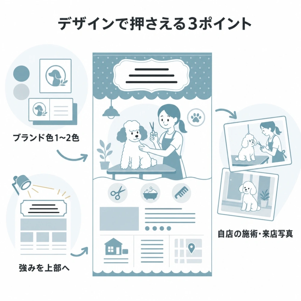 ペットサロンのチラシデザインで押さえる、ロゴやショップカードを軸にしたブランド色1〜2色、自店の施術風景・来店ペットの写真、強みを上部へ配置するという3つのポイント。