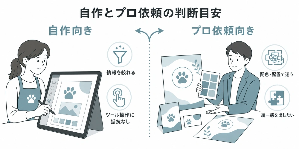 情報を絞れてツール操作に抵抗がなければ自作、配色や配置で迷う、または販促物の統一感を出したい場合はプロ依頼が向くことを示した比較図。