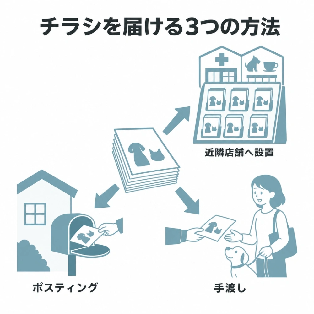 チラシの配布方法を、ポスティング、手渡し、近隣店舗への設置の3方向に分けて示した図。