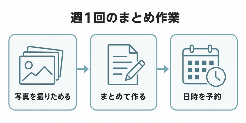 日々の施術中に写真を撮りため、週1回まとめて投稿を作り、公開日時を予約する流れ