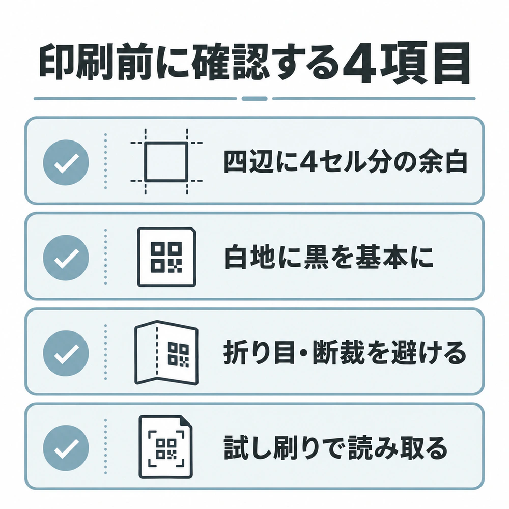QRコードの印刷前チェック。四辺に4セル分の余白を残し、白地に黒を基本とし、折り目や断裁を避け、試し刷りで読み取る